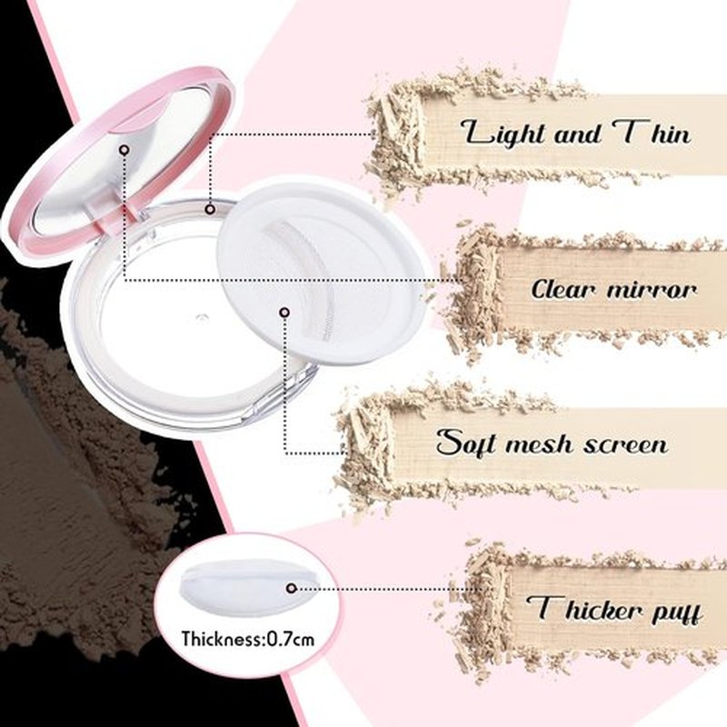 Cunhill Loose Powder Container Set - Reusable Plastic Makeup Case with Puff & Mirror | 0.17 oz, Pink & Silver