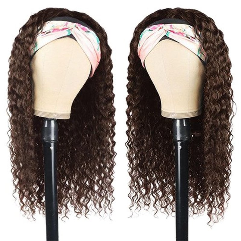 Aiterina Headband Wig Human Hair Headband Wig Deep Wave Human Hair Wigs for Black Women Glueless Human Hair Wigs Machine Made 150% Density No Lace Deep Headband Wig Chocolate Brown 12 inch