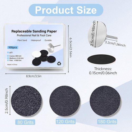 100pcs Foot File Sandpaper Disc with 1 Metal Shaft Replaceable Sanding Pads for Electric Foot Rasp Files Callus Cuticle Hard Dead Skin Removal Pedicure Tools,HJ-NF037 (120 Grit)