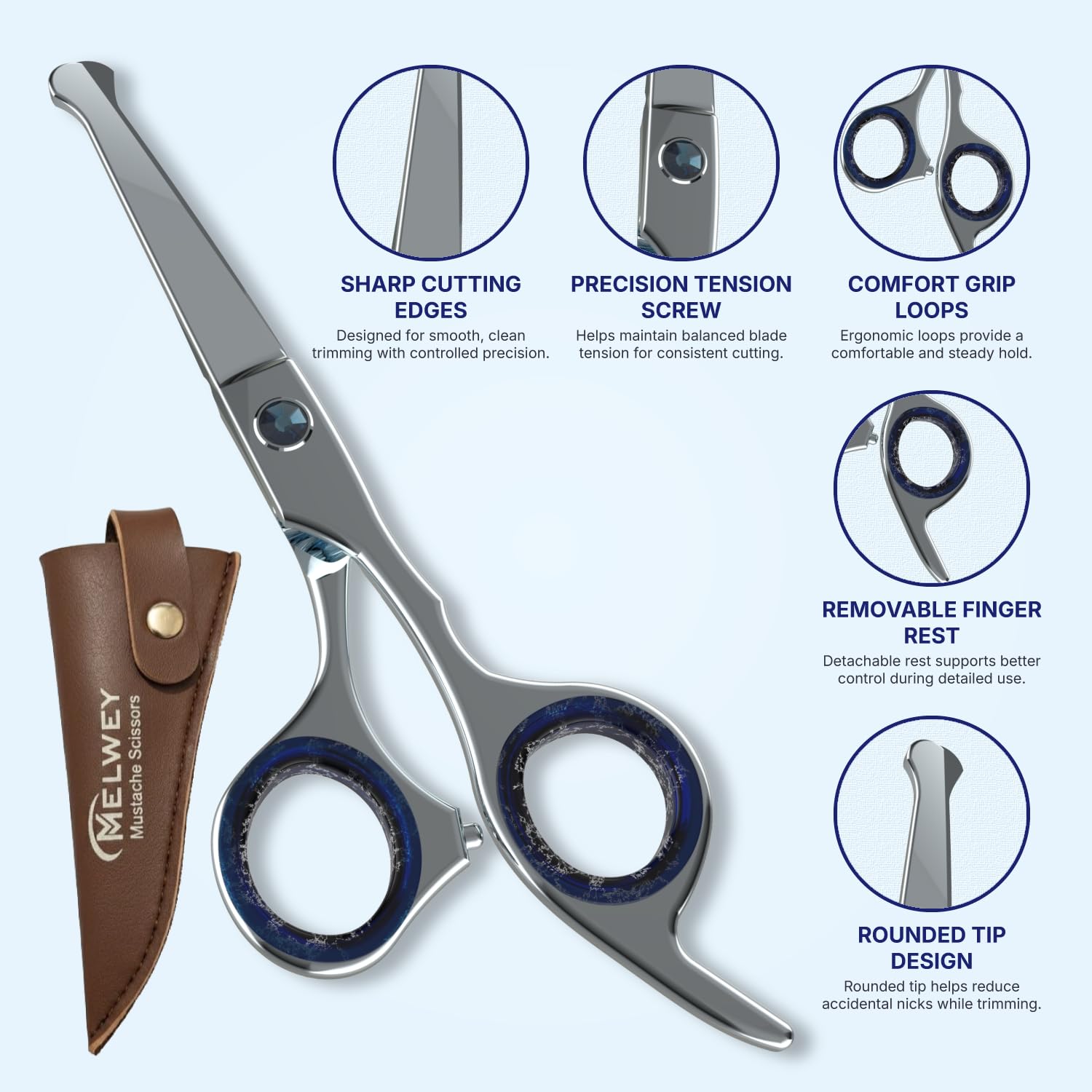 Melwey Mustache Scissors for Men 5.5 Inch – Premium Stainless Steel Mustache & Beard Trimming Scissors with Rounded Tips for Safe Precision Grooming, Nose, Eyebrow & Facial Hair Scissor (Blue)