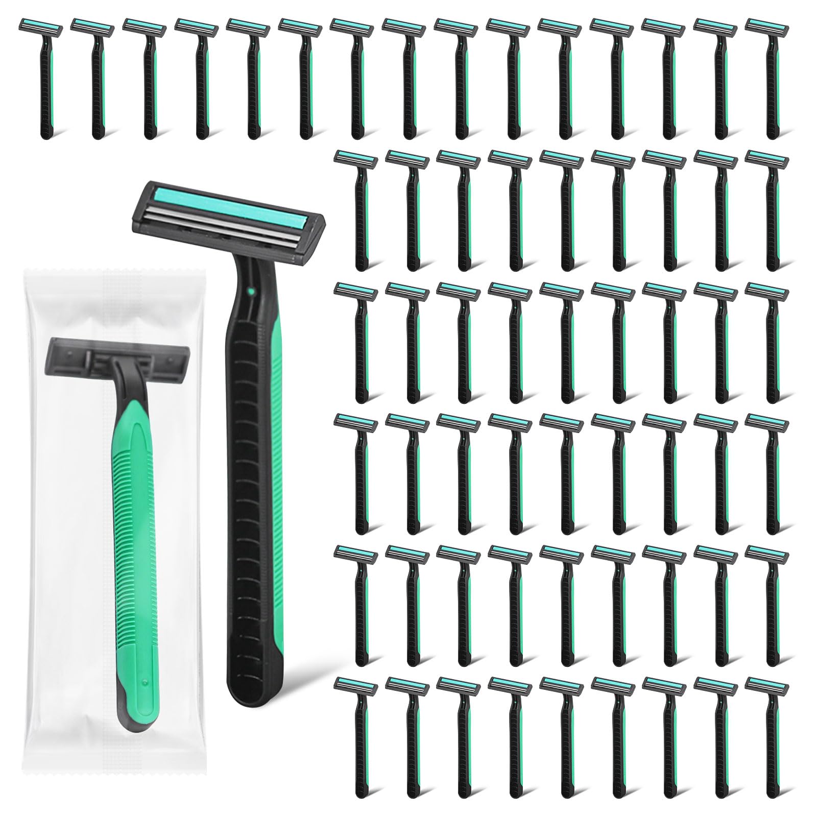 Fafortune Disposable Twin Blade Razors in Bulk, Individually Wrapped - Clear Safety Cap, For Homeless, Hotel, Airbnb, Travel (pack of 50,green)