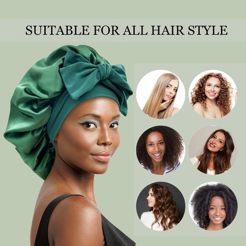 Satin Bonnet Silk Bonnet Hair Bonnet for Sleeping Large Bonnets with Tie Band Wrap with Adjustable Straps Cap Night Sleep Caps for Women Curly Braid Hair(Black,Hunter Green)