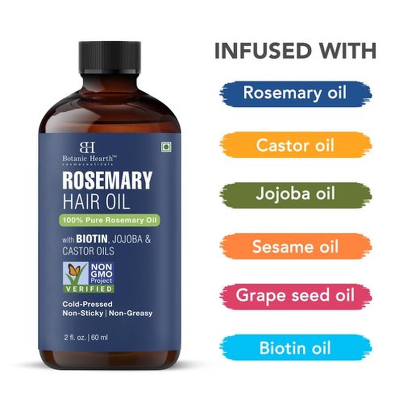 Botanic Hearth 100% Pure Rosemary Oil For Hair Growth | Infused With Biotin, Jojoba & Castor Oil | Hair Oil Repairs Dry Damaged Hair, Strengthening, Healthier - Hair Tonic, 2.0 fl oz