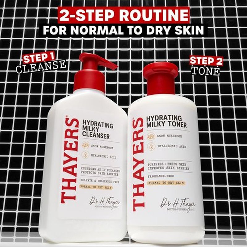 Thayers Milky Face Cleanser & Toner Bundle - Hydrating Skincare with Snow Mushroom & Hyaluronic Acid | 8 FL Oz & 12 FL Oz