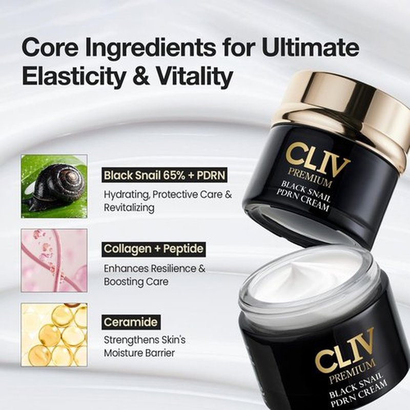 CLIV Black Snail PDRN Cream | 65% Snail Mucin & Peptide Moisturizer - Firming & Lifting for Fine Lines - 1.76 fl oz (52ml)