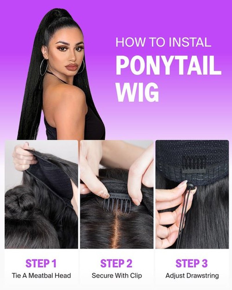 Megalook hair Straight Headband Wig Human Hair Drawstring Ponytail Half Wig No Lace Wear and Go Glueless Wigs Human Hair 20 Inch Ponytail Extension Natural Black 200% Density