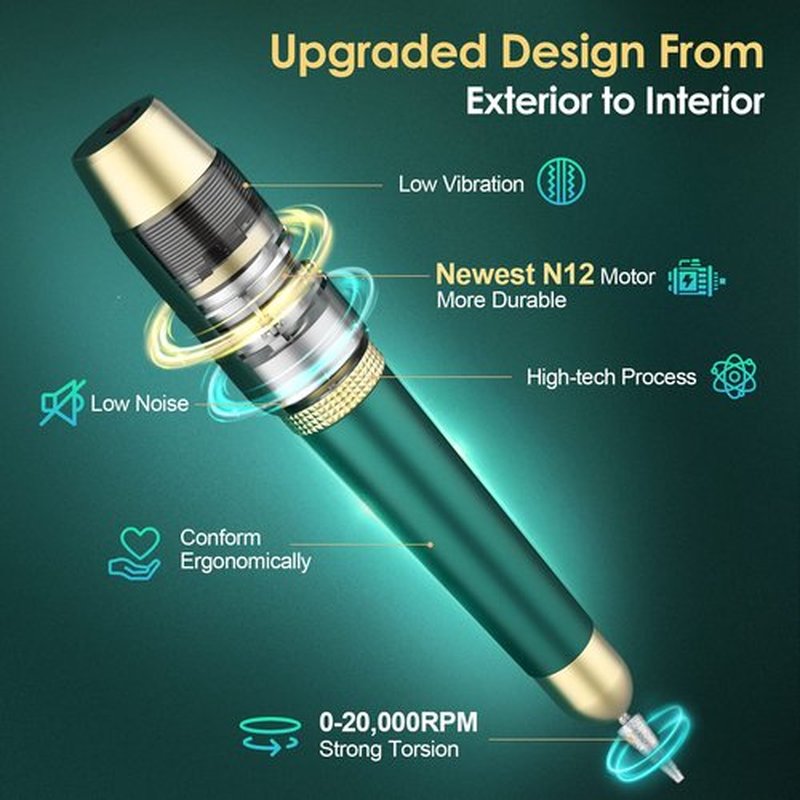 Gefaxi Electric Nail Drill, Portable Electric Nail File Professional 20000rpm Manicure Pedicure Efile Machine with Sanding Bands & Nail Drill Bits for Acrylic, Gel Nails, Home & Salon, Green