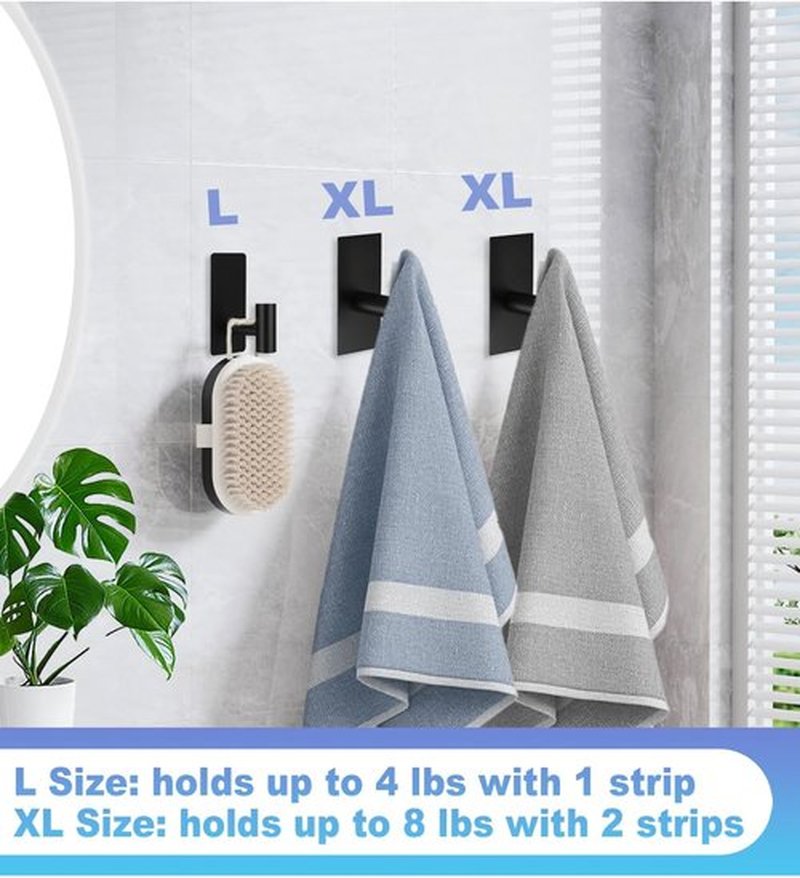 Heavy Duty Towel Hooks by [Brand Name] - 5 Pcs Adhesive Wall Hooks | Removable No-Damage Strips - X-Large Black 304 Stainless Steel