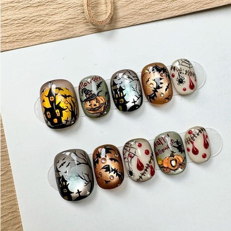 Halloween Press on Nails Short Square Fake Nails Press Ons Cute Glitter Nails with Bat Pumpkin Spider Web Designs False Nails Blood Full Cover 3D Artificial Stick on Nails for Women DIY 30Pcs