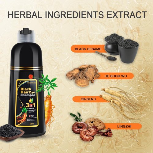 KINGMING Black Hair Dye Shampoo for Gray Coverage, 3 in 1 Herbal Instant color with 100% Cover for Women & Men (500ml)
