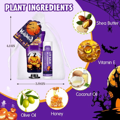 50 Pack Halloween Hand Cream and Lip Balm Set, Bulk Halloween Gifts with Halloween Cards and Organza Bag, Halloween Decorations and Halloween Party Favors Goodies for Women