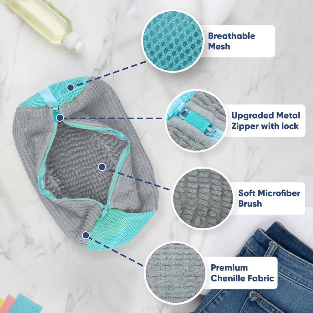 Shoe Washing Machine Bag for Cleaning, 2 360°Protect Sneaker Laundry Bag for Shoes Reusable Durable Fibers Adjustable Washer Bag with Zipper for Tennis Gym Sneakers Shoe Dryer (Grey)