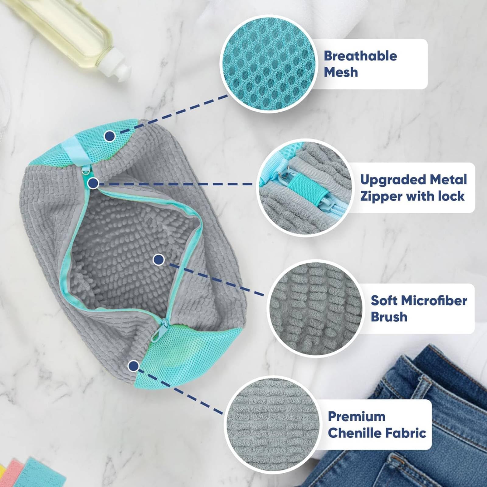 Shoe Washing Machine Bag for Cleaning, 2 360°Protect Sneaker Laundry Bag for Shoes Reusable Durable Fibers Adjustable Washer Bag with Zipper for Tennis Gym Sneakers Shoe Dryer (Grey)