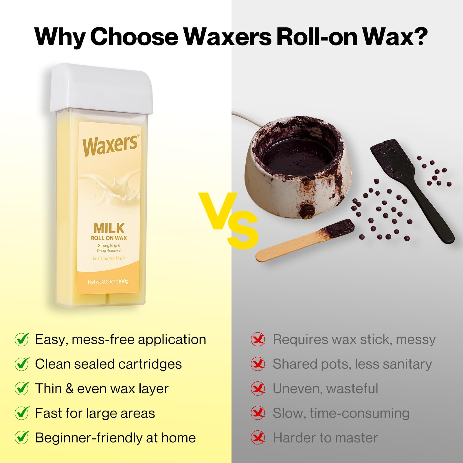 Waxers Roll on Hair Removal Wax Refill Cartridge for Women Men Milk Roller Waxing Depilatory for Legs Arms at Home 4 Pack