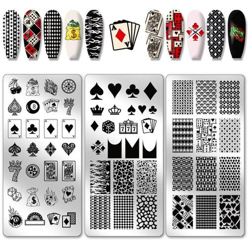 PH PandaHall 3pcs Poker Elements Nail Stamping Plates, Diamonds Clubs Nail Art Templates Textured Nail Art Stencil Stainless Steel Nail Image Plates for Women Nail Design Print Manicure Salon
