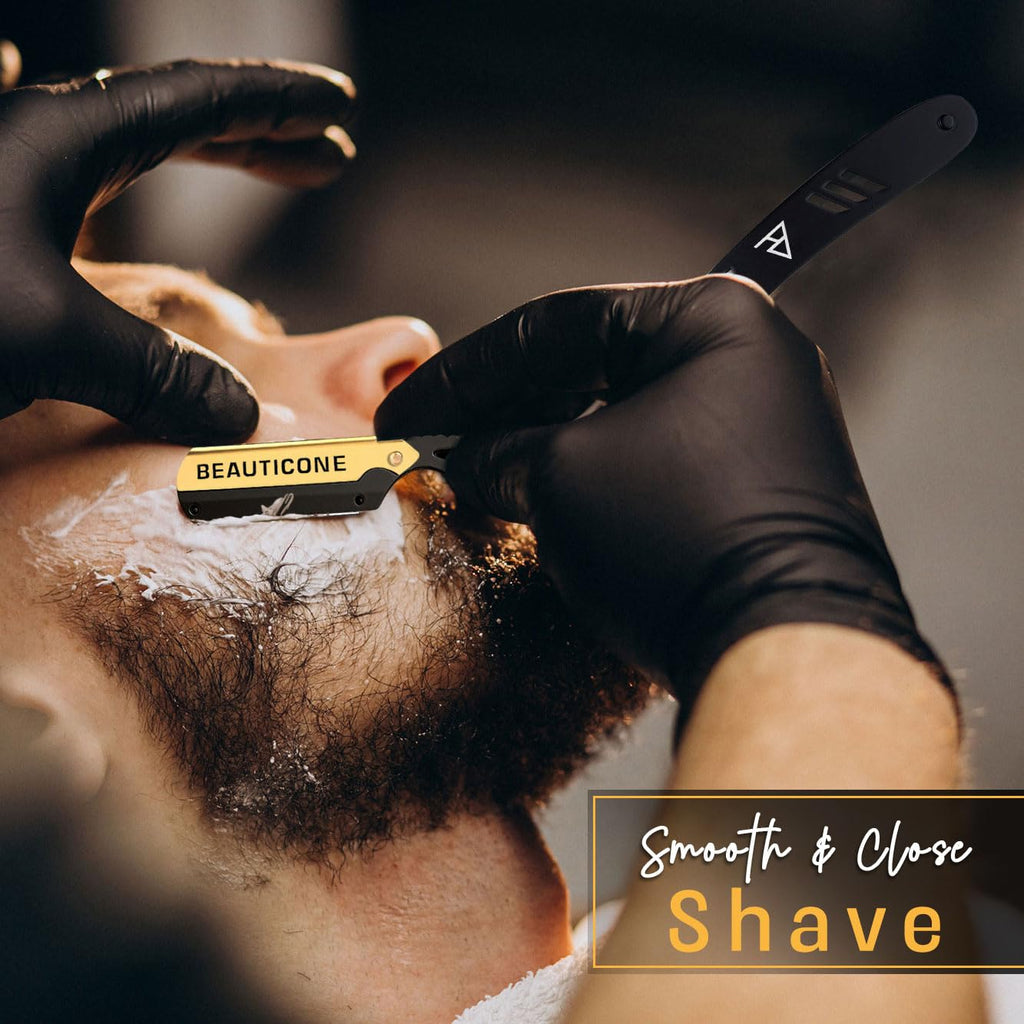 BEAUTICONE Barber Straight Razor for Men – Professional Shavette with Swinglock Blade Holder, Stainless Steel Blades Included, Cut Throat Razor, Black & Gold