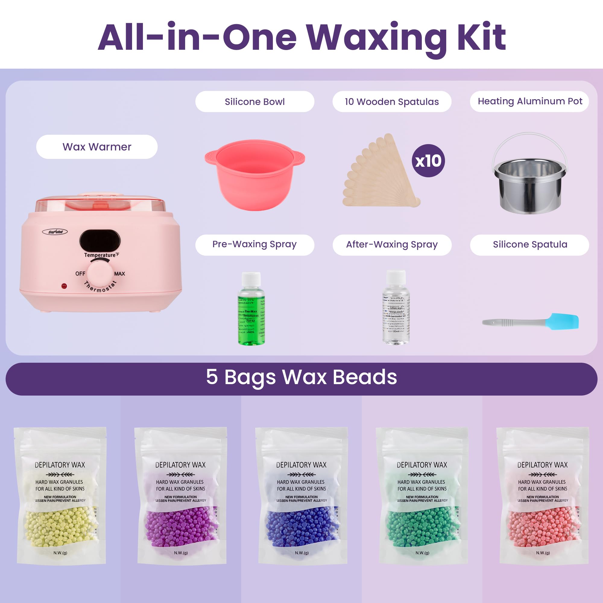 Sunvivi Wax Kit Digital Hair Removal Waxing Kit for Women & Men, Hot Wax Warmer Pot with 5 Bag Hard Wax Beads, Wax Melt Warmer Kit for Full Body, Legs, Face, Bikini,Sensitive skin, Pink