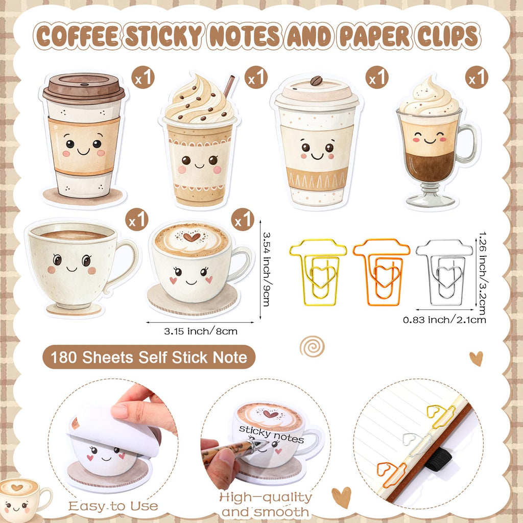 Gilprop 54 Pcs Coffee Theme Gifts 6 Pads Sticky Notes Memo Note 12 Cute Ballpoint Pens 36 Coffee Cup Shaped Paper Clips Bookmarks for Office Supplies Party Favor Coworker Employee Staff Team Gifts