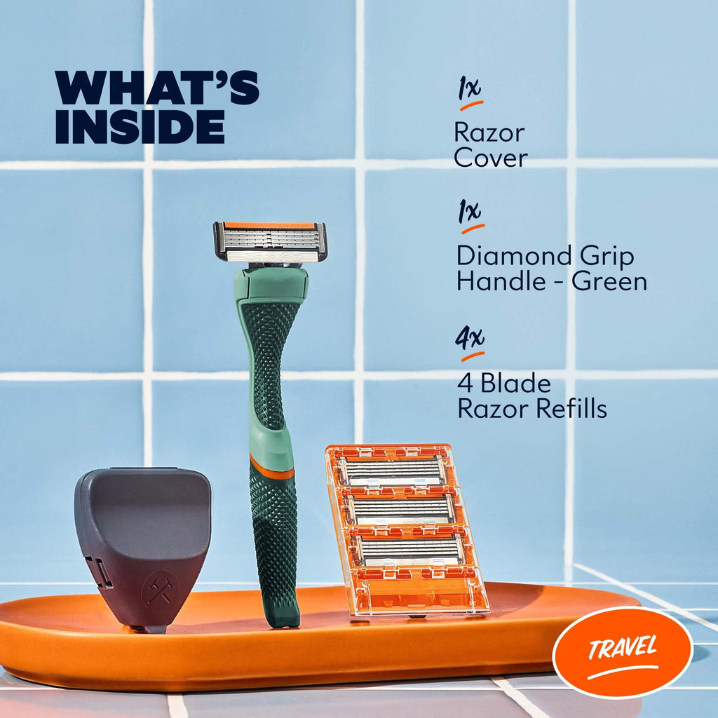 Dollar Shave Club | Travel Shave Set | 4 Swift Rinse Refill Cartridges, 1 Handle (Green), 1 Razor Cover