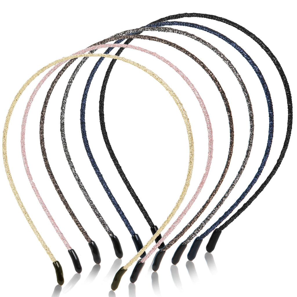 WOVOWOVO 4mm Thin Headbands for Women Plastic Skinny Womens Headband, 6 PCS Shiny Girls Headbands Trendy Sparkly Hair Accessories for Women Girls Teens, Solid Colors