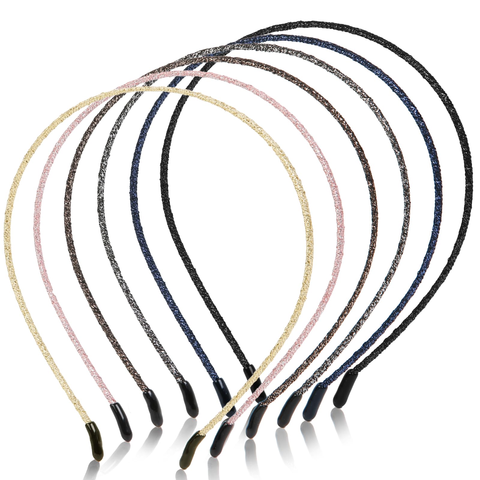 WOVOWOVO 4mm Thin Headbands for Women Plastic Skinny Womens Headband, 6 PCS Shiny Girls Headbands Trendy Sparkly Hair Accessories for Women Girls Teens, Solid Colors