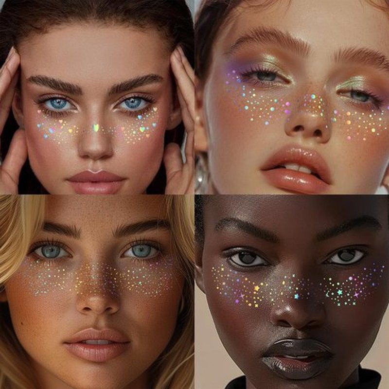 HOSAILY 24 pcs Holographic Multichrome Glitter Freckles Face Tattoo, Waterproof Sparkle Face Glitter Speckles Patches for Women, Cute Star Glitter Temporary Tattoo Makeup Accessories for Festival Rave