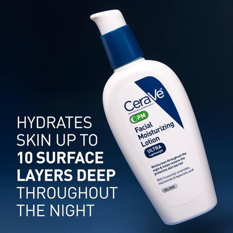 CeraVe PM Facial Moisturizing Lotion - Ultra-Lightweight Night Cream with Hyaluronic Acid & Niacinamide | 3 Oz
