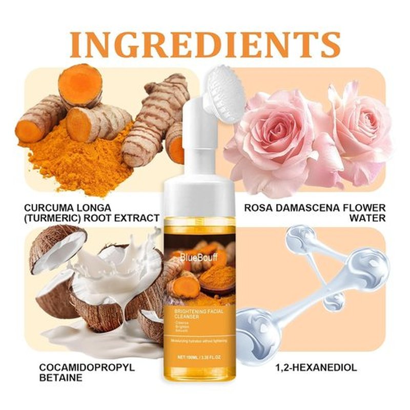 BlueBouff Turmeric Face Wash with Brush,Foaming Face Cleanser, Deep Turmeric Foaming Cleanser for All Skin Types, 100ML (2)