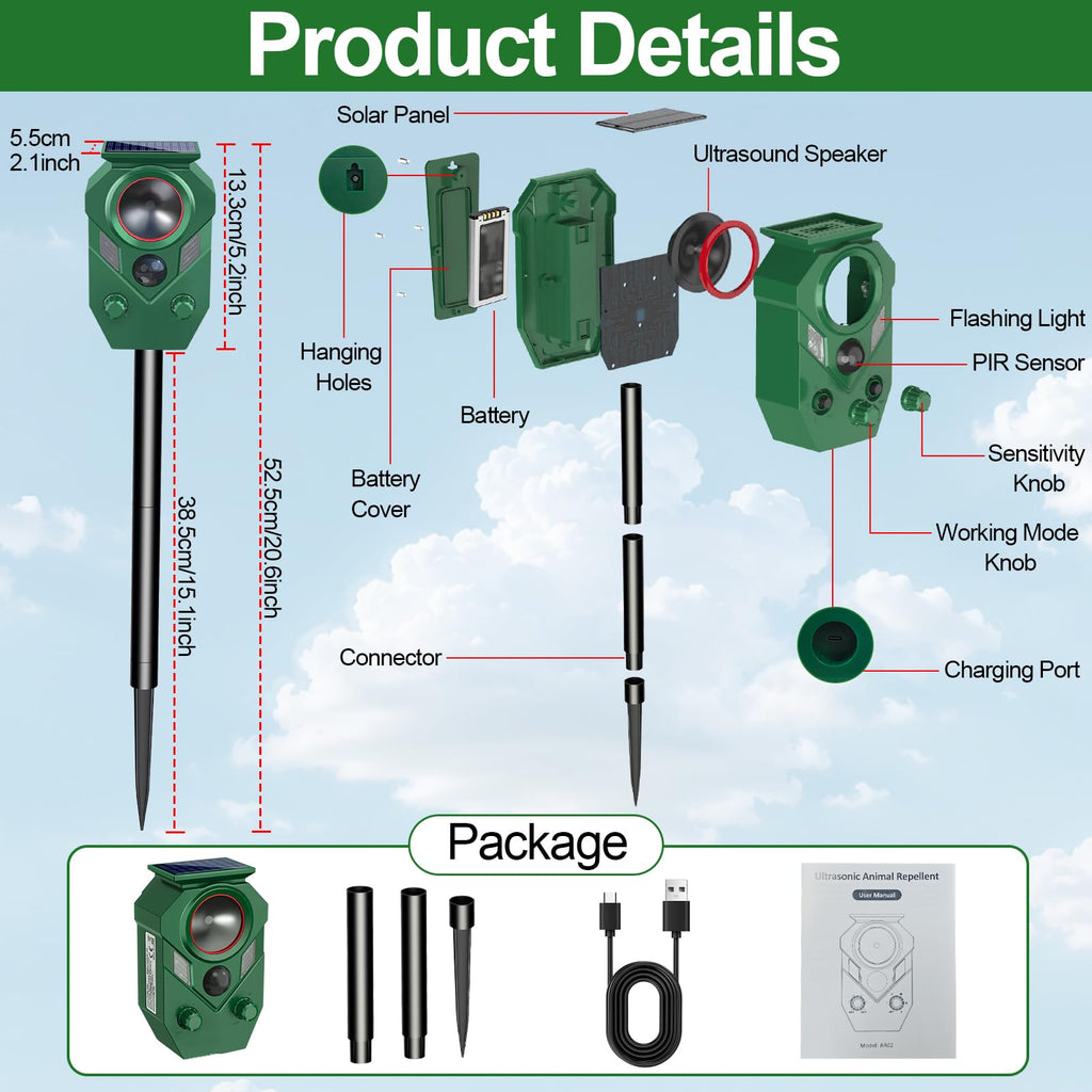Ultrasonic Animal Repeller Outdoor - Cat Repellent & Deterrent with PIR Sensor & Flashing Light,Solar Powered Deer Repellent for Squirrels, Raccoons, Skunk,Rabbit,and Dogs, IP65 Waterproof （1 Pack）