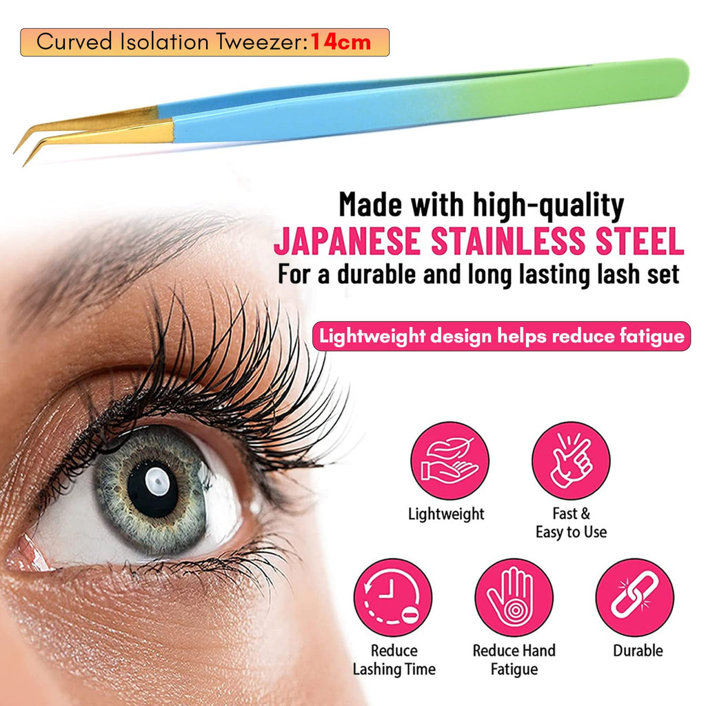 Cross Edge Corporation Lash Extension Tweezers 14cm — Curved Isolation Tip for Classic Lashes & Individual Lash Work | Lightweight Stainless Steel | Blue & Green with Gold Tip Finish