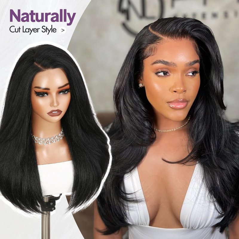 WIGER Straight Lace Frontal Wigs for Black Women Yaki Straight Layered Wigs 13X6 HD Lace Front Wig Long Synthetic Blow Out Hair for Daily or Events Salon-trimmed Hairstyle