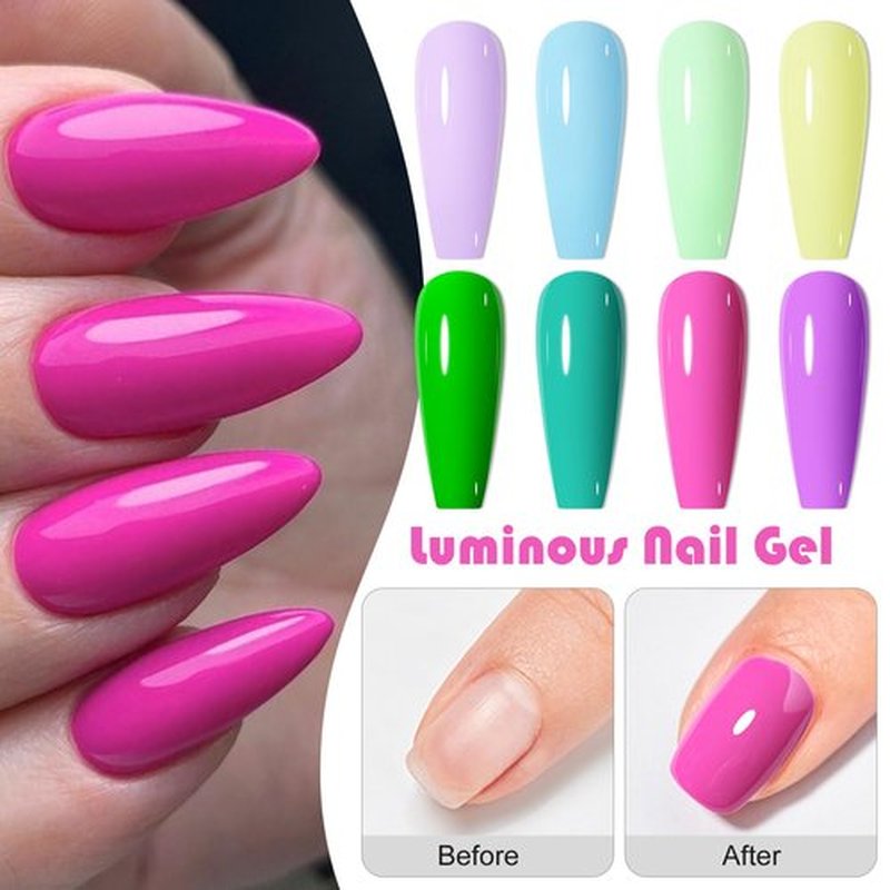 MEET ACROSS Glow in the Dark Gel Nail Polish Set, Halloween Neon Hot Pink Yellow Green Bright Luminous Gel Polish Fluorescent 8 Colors Glow in Dark Effect with Base Top Gel Nail Dehydrator and Primer