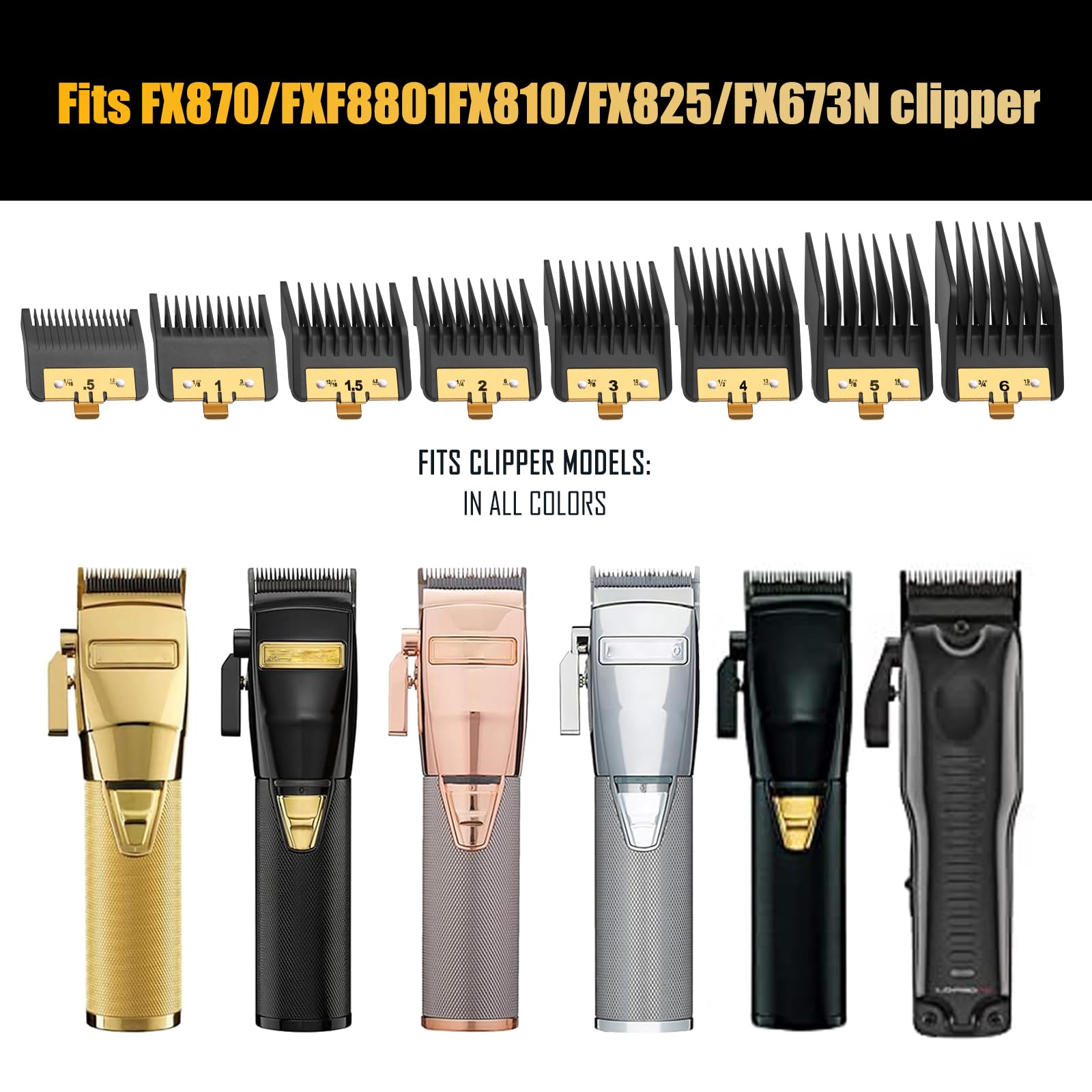 8PACK Premium Metal Clipper Guards Compatible with BaByliss Barberology FX825, FX870, FX880, and FX673, Trimmer Replacement Guards for Babyliss Clippers, Black