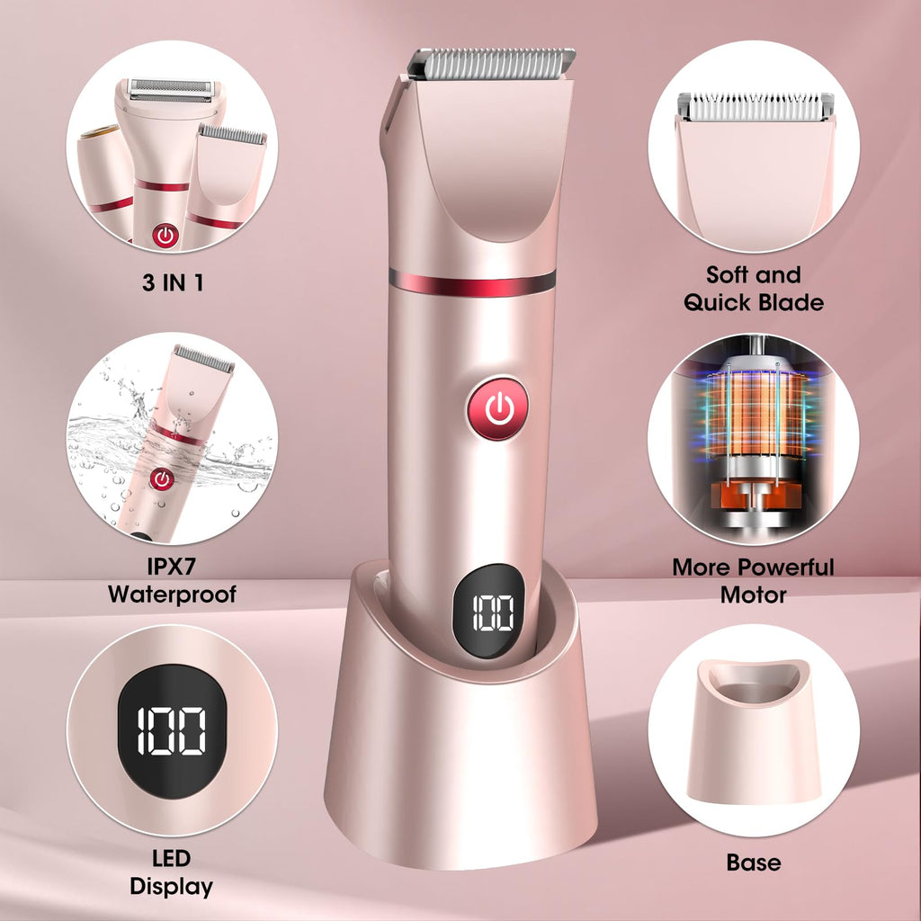 Zesuti Bikini Trimmer for Women- 3 in 1 Painless Electric Razors for Women,Waterproof Pubic Hair Trimmer and Facial Hair Remover,LCD Display Body Shaver for Trip,Rechargeable Women's Grooming Kit