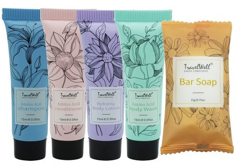 Travel Well Flower Series Mini Hotel Toiletries - Individually Wrapped Guest Bathroom Amenities in Bulk - Shampoo & Conditioner Minis Bulk - Body Wash & Lotion Sets - 60 Sets, 15 ml & 21 g Bars