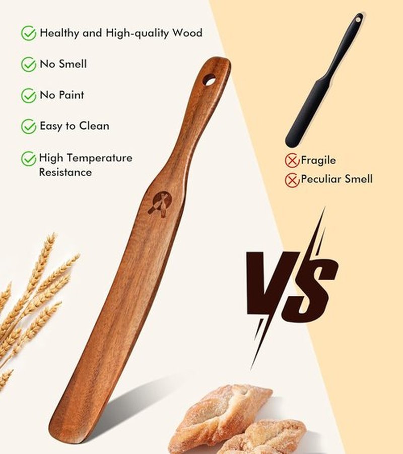 Skiennix Skinny Spurtle - Natural Teak Kitchen Tool for Sourdough Starter & Mixing | Non-Stick Safe
