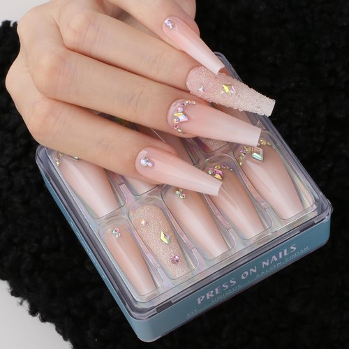 MqpQ Luxury Ombre Pink Press On Nails Rhinestones Long Coffin Colorful Caviar Fake Nails 24pc Glossy Full Cover False Nails For Women