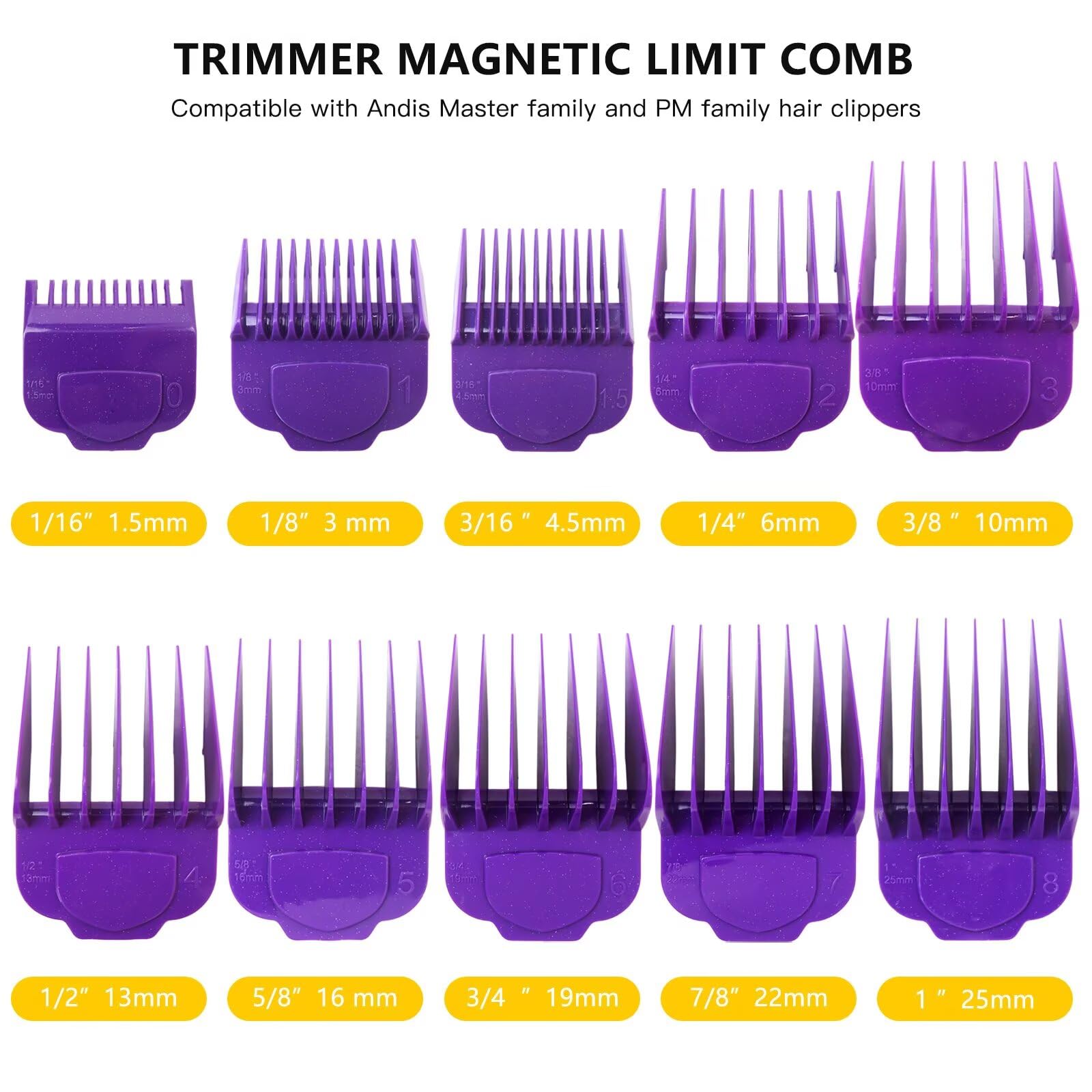 FYAKSYAS 2026 New Magnetic Clipper Guard Purple Set for Andis Master & for PM Series (MBA, MC-2, PM-1) | 10pcs Guide Combs 1/16" to 1"