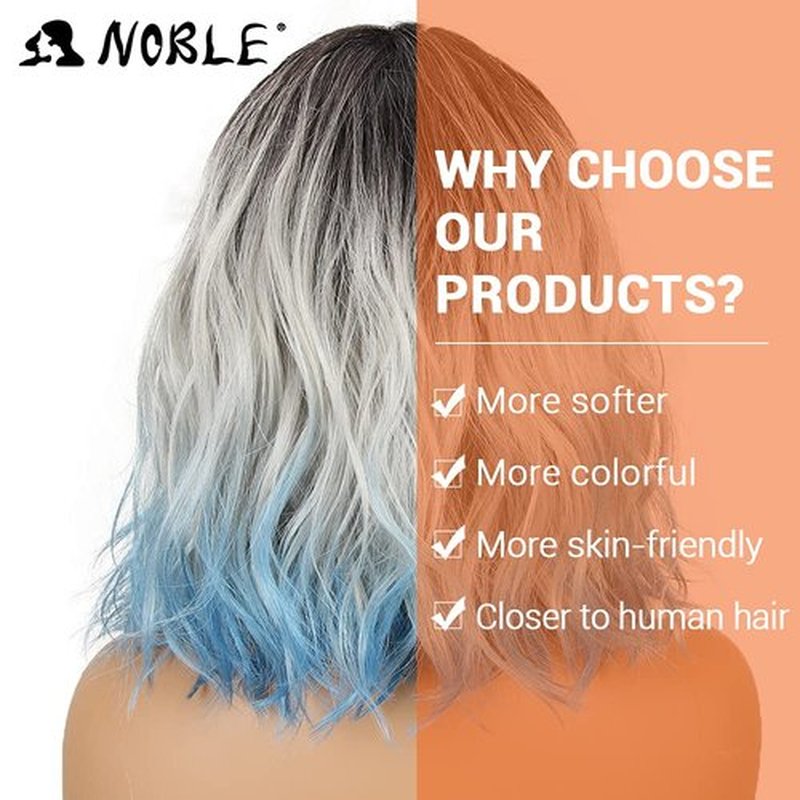 NOBLE Blue Wig with Bangs 12 Inches Short Bob Curly Wig Blue Wigs for Women Colorful Wavy Bob Wigs with Air Bangs Heat Resistant Synthetic Silver Blue Halloween Wigs for Cosplay Party