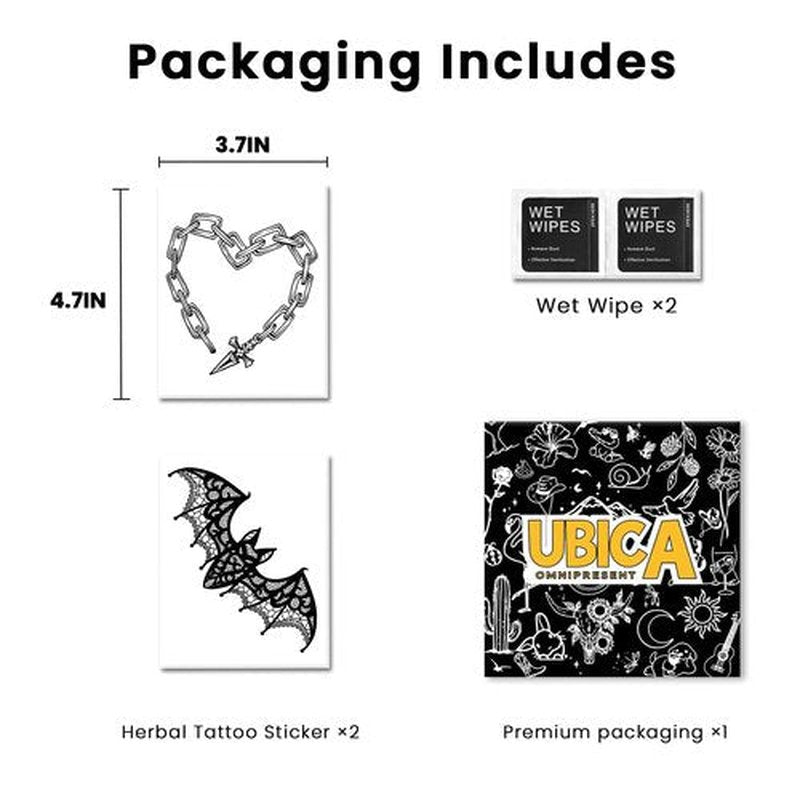 UBICA Semi Permanent Tattoo for Women, 2 Sheets Realistic Sexy Temporary Tattoos for adult, Lasts 2 Weeks Waterproof and Non-Reflective Tattoos (Sexy Chain Heart & Lace Bat Tattoo)