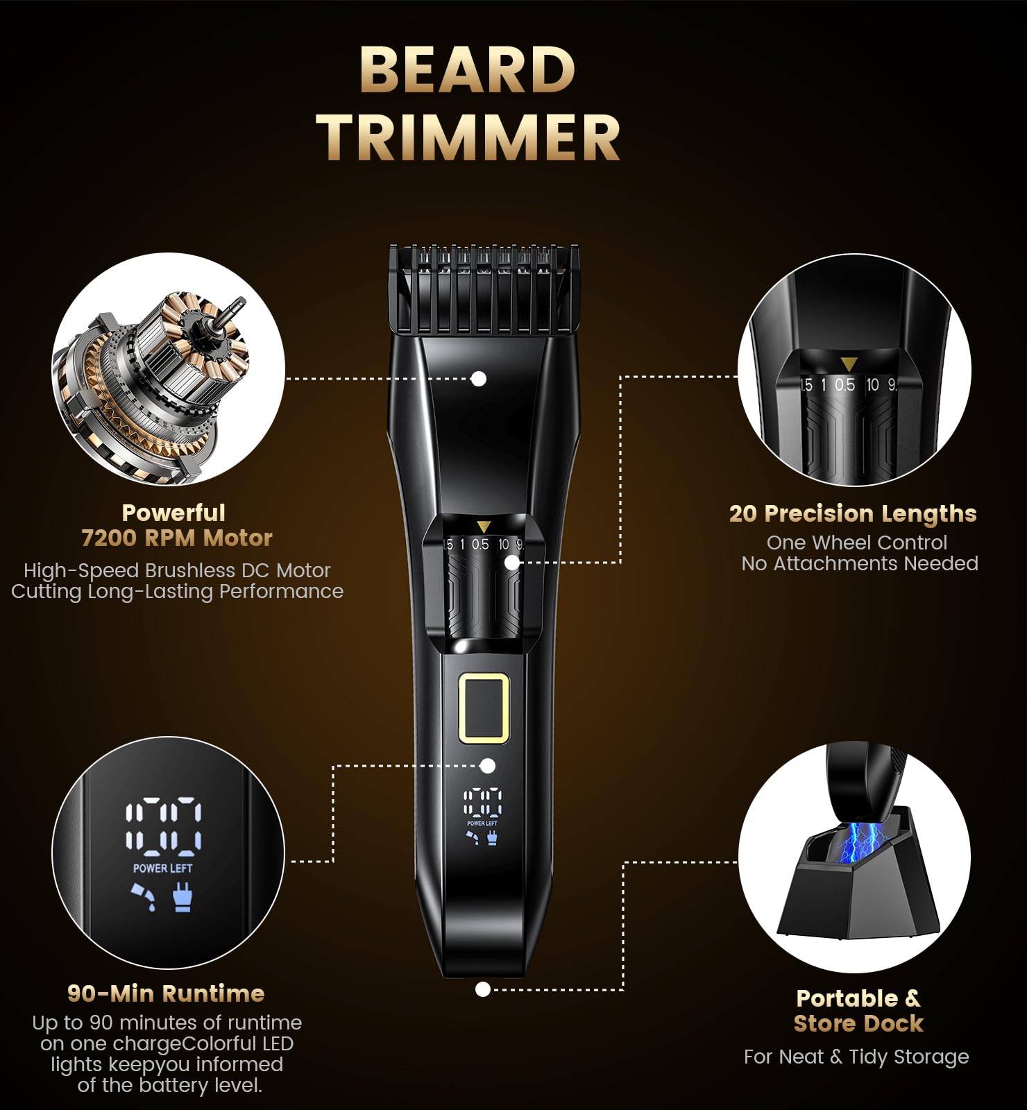 Men's Beard Trimmer-All-in-One Mustache Trimmer for Men with 20 Length Adjustable, Stainless Steel T-Blade for Precision Facial Hair Trimming Cordless IPX7 Waterproof Wet/Dry Clipper,LED Display