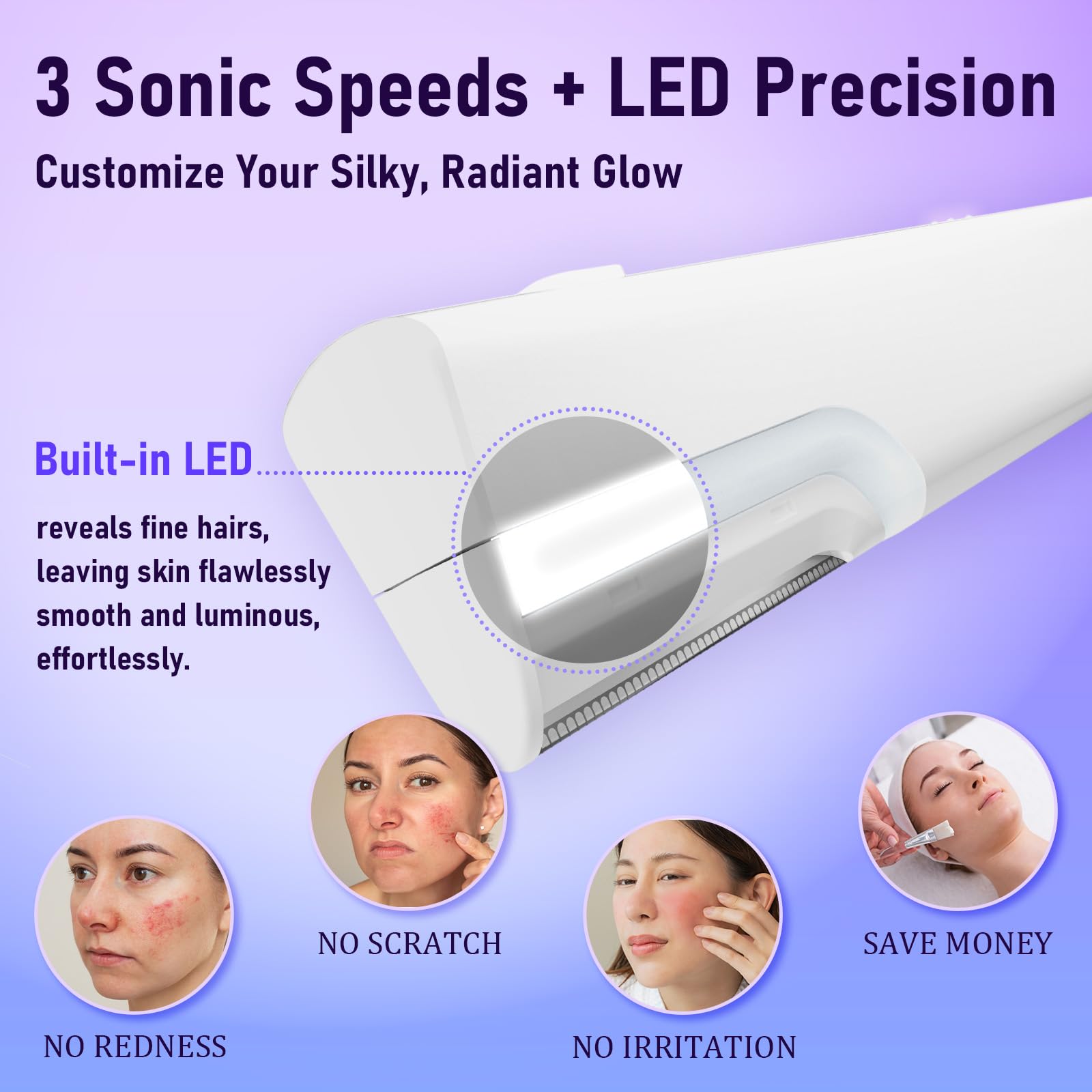 Rechargeable Sonic Dermaplaning Tool for Face - 7 Refill Blades with Travel Storage Bag, Facial Hair & Peach Fuzz Remover for Women (White)
