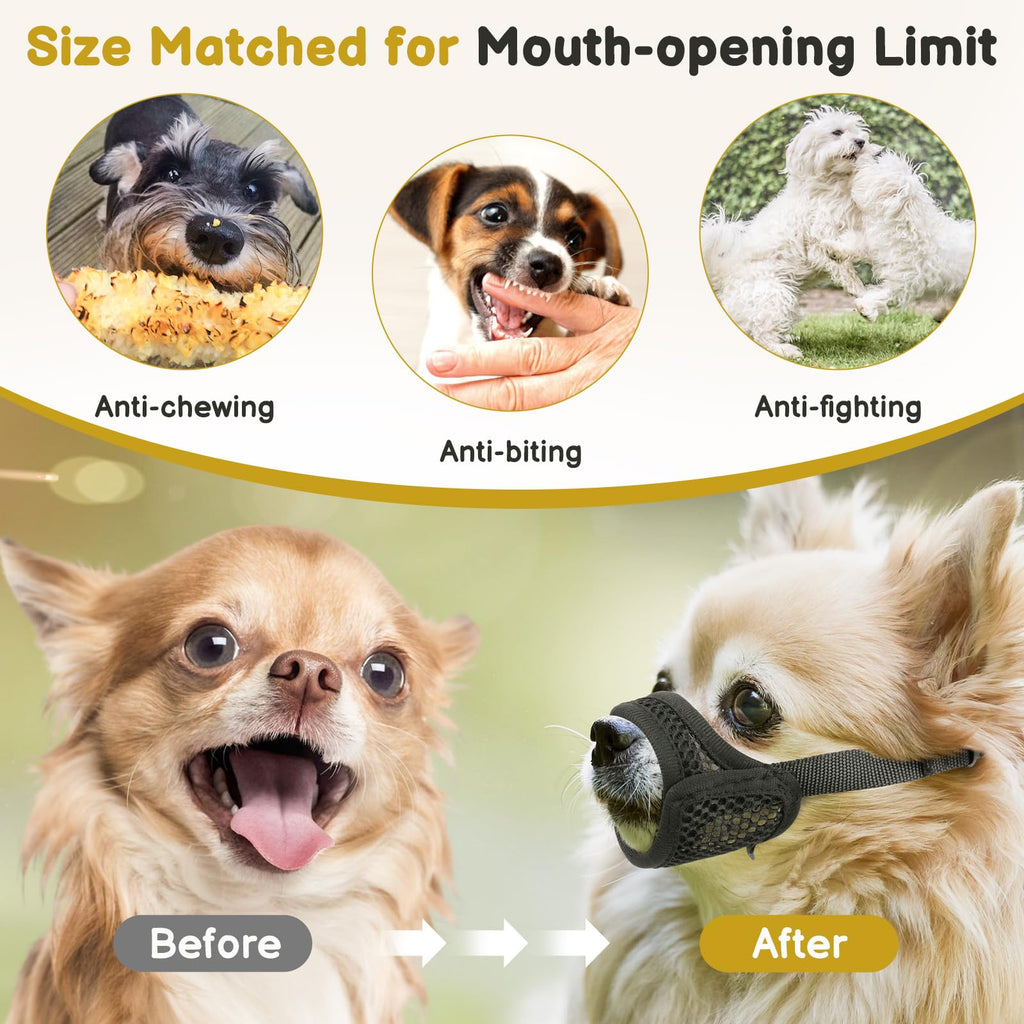 Mayerzon Mesh Muzzle for Short Snout and Small Medium Dogs Anti-Biting, Focus on Brachycephalic Dogs like Chihuahua Pomeranian, Breathable Fabric, Opening Front, Allow Panting, for Grooming Vet Visits