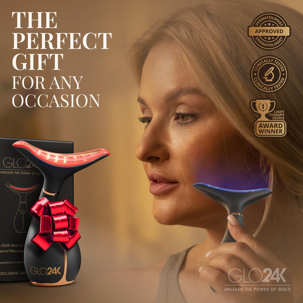 GLO24K Red Light Facial Massager with 24K Gold Retinol Face Cream - Face & Neck LED Beauty Wand, 3-in-1 Vibration Beauty Tool & Collagen Hyaluronic Acid Moisturizer for Smoother-Looking Skin