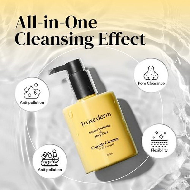 TROXEDERM Collagen Capsule Cleanser – Korean Gel Face Wash with Peptides, Niacinamide & Troxerutin, Hydrating Daily Facial Cleanser & Makeup Remover, Gentle K-Beauty Skincare, 6.76 fl oz