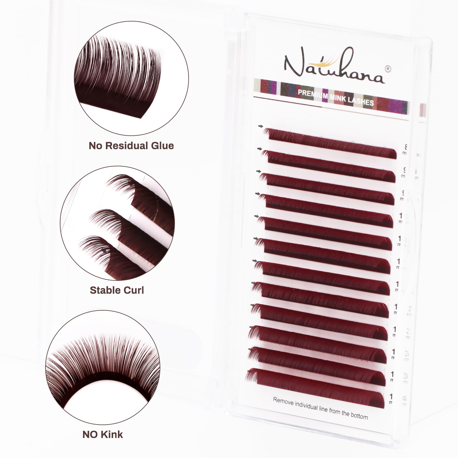 NATUHANA Colored Volume Eyelash Extensions 0.07mm C Curl 8-15mm Mixed & Single Length Tray Soft Individual Lashes, Professional Supplies for Lash Techs(Burgundy,0.07 C,8-15 MIX)