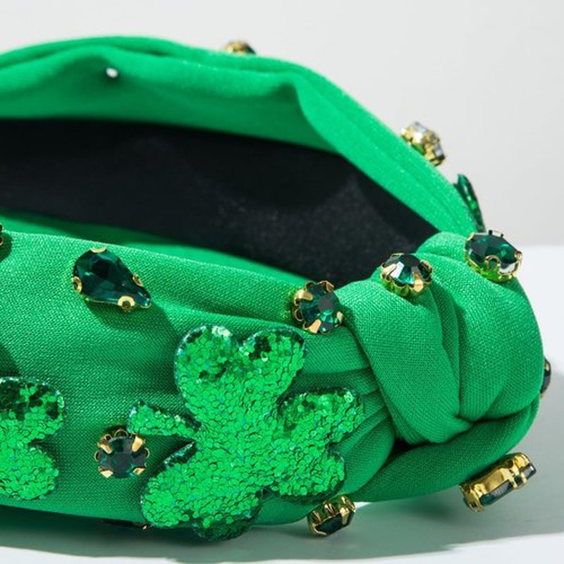 St.Patrick's Day Headband for Women Green Sequins Shamrock Knotted Headbands Rhinestone Crystal Lucky Leaf Embellished Wide Top Knot Headbands St.Patrick's Day Accessories