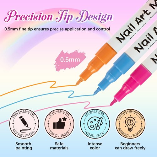 RFENLY 12 Colors Nail Art Pens Set, 3D 0.5MM Nail Polish Pens, DIY Nail Markers, Quick Drying Long Lasting Paint Graffiti Point Dotting Liner Pen Tools for Home & Salon