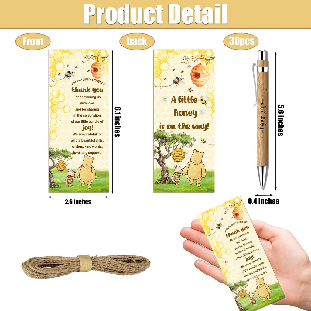 Toerifer 30 Pcs Winnie Baby Shower Favors for 30 Guest, Thank You Gift Sets, Included Bamboo Pens Greeting Cards, Gender Reveal Souvenirs Prizes, Winnie Honey Bee Baby Birthday Decor