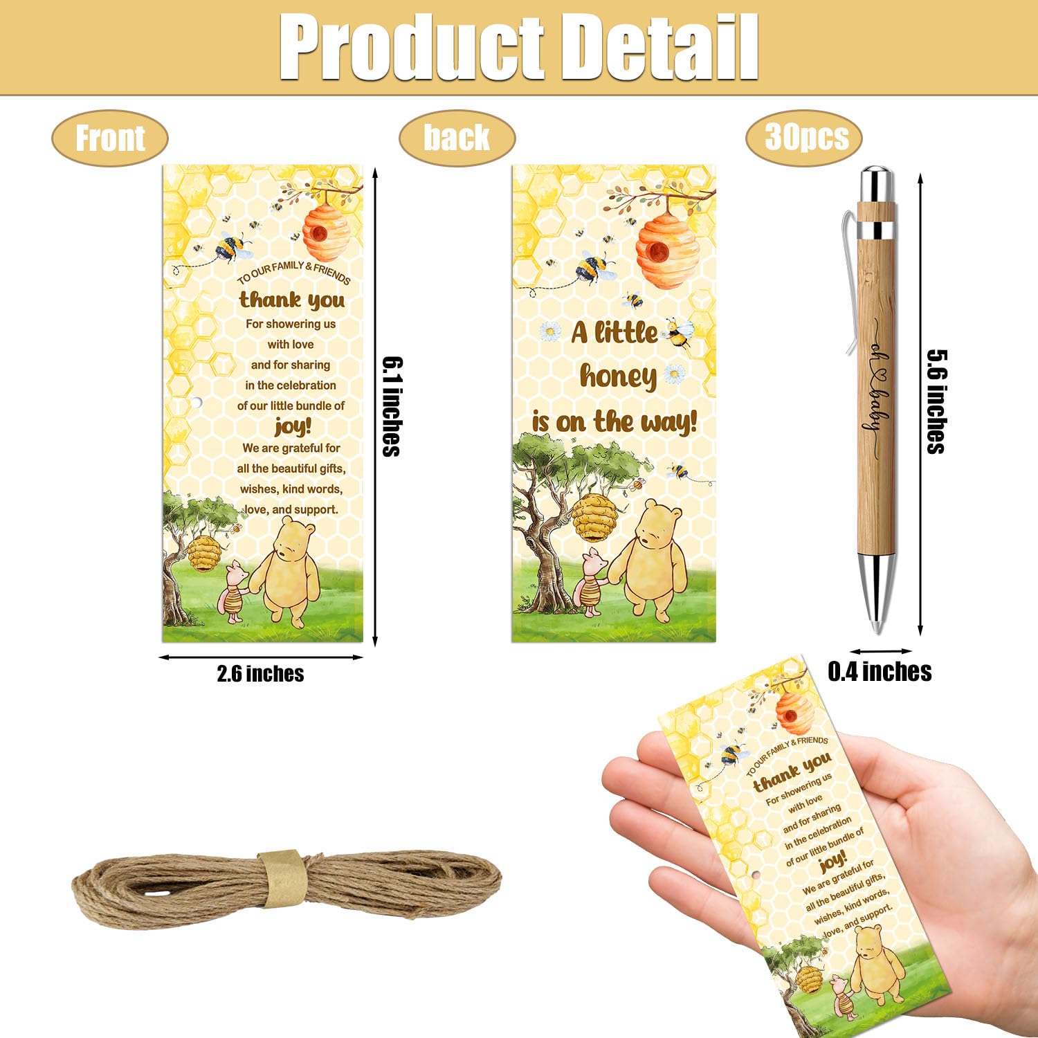 Toerifer 30 Pcs Winnie Baby Shower Favors for 30 Guest, Thank You Gift Sets, Included Bamboo Pens Greeting Cards, Gender Reveal Souvenirs Prizes, Winnie Honey Bee Baby Birthday Decor
